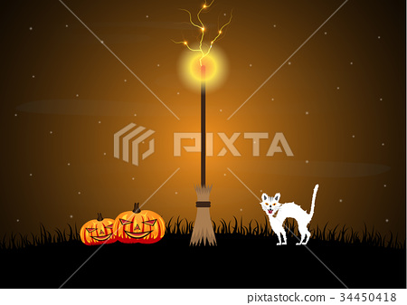 插图素材: halloween witch broomstick pumpkin cat thunderbolt