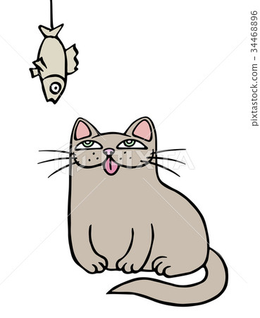 插图素材: cute grey cat and dried fish. vector illustration.