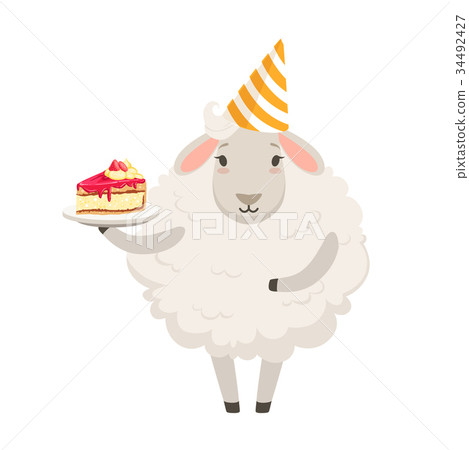 图库插图: cute white sheep character wearing party hat