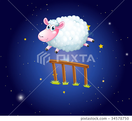 图库插图: white sheep jumping over fence at night