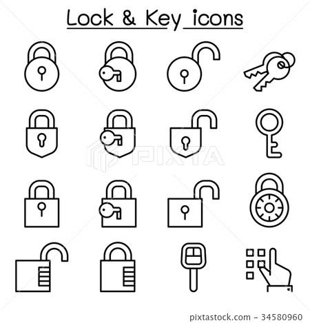 图库插图: security, lock & key icon set in thin line style