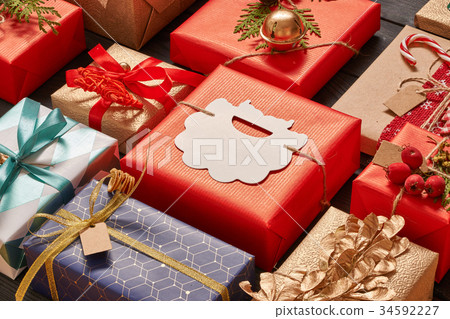 图库照片: christmas presents on wooden background