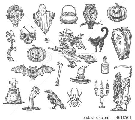 插图素材: halloween witch monsters vector sketch icons set