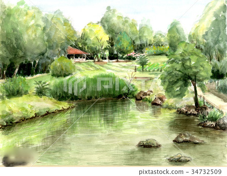 风景_自然 河_池塘 池塘 插图 水彩 水彩画 公园 首页 插图 风景_自然