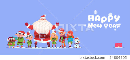 图库插图: santa claus with elfs on happy new year greeting