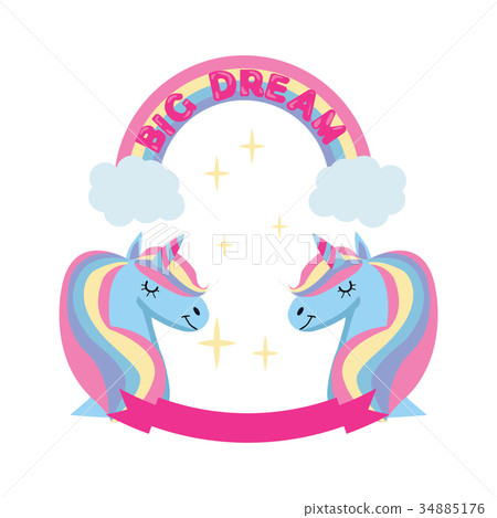 插图素材: magic unicorn and rainbow greeting card background