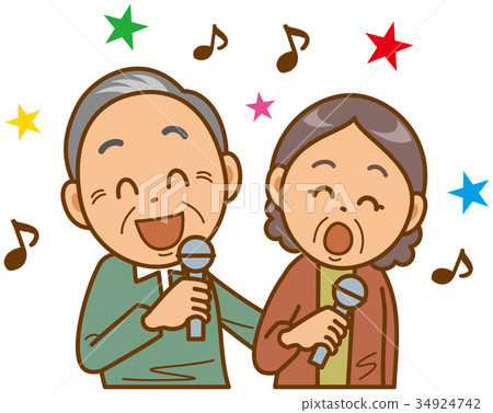 图库插图: 做卡拉ok的年长夫妇的图像插图