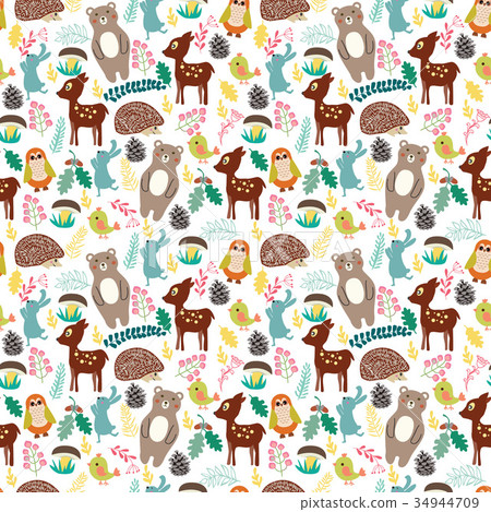 插图素材: seamless pattern with cute cartoon forest animals