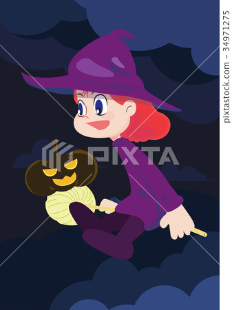 插图素材: cute witch girl character and pumpkin in halloween