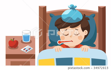 插图素材: sick cute boy sleep in bed with a thermometer.