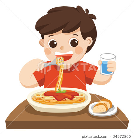 插图素材: a little boy happy to eat spaghetti. 查看全部