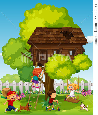 插图素材: children playing in the treehouse