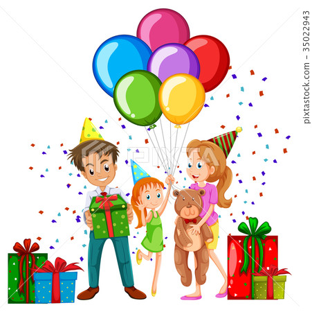 family party,home party 图库插图: family at birthday party with balloons