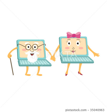 插图素材: cartoon laptop computer characters, young and old