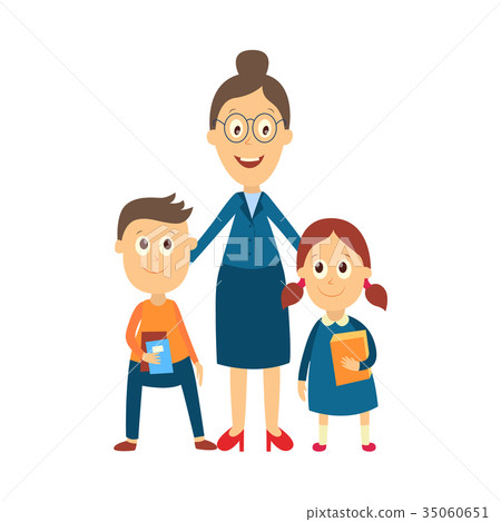 插图素材: vector flat cartoon teacher and pupils