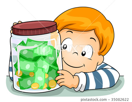 图库插图: kid boy jar money illustration