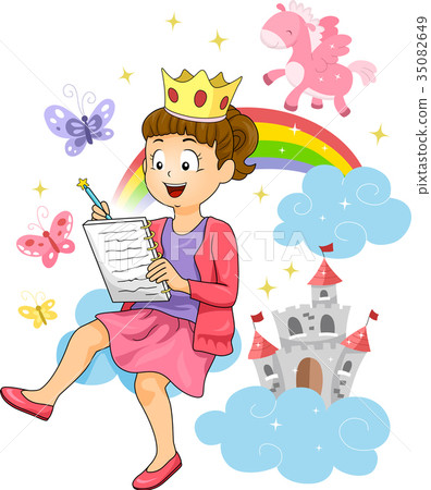 图库插图: kid girl fairy tale story writing illustration