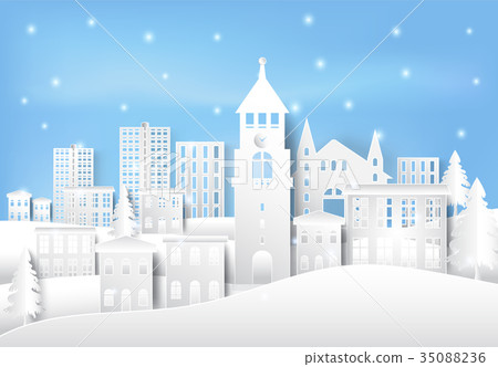 插图素材: winter holiday and snow in city town paper art