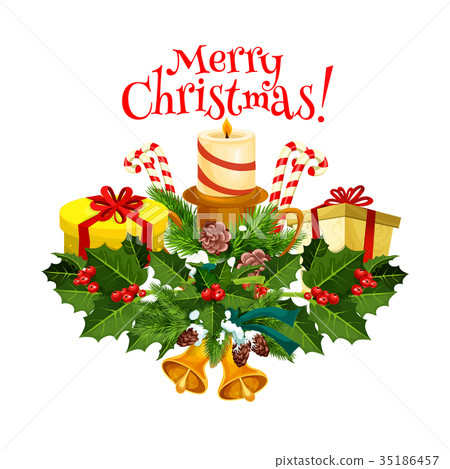 插图素材: christmas tree and holly berry wreath card design