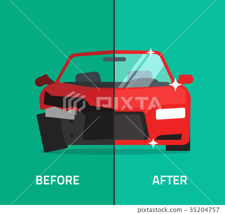 图库插图: car before after, crashed, broken and repaired