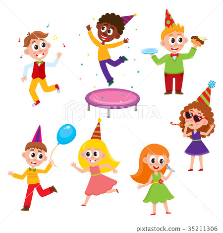 插图素材: vector flat cartoon kids at party set