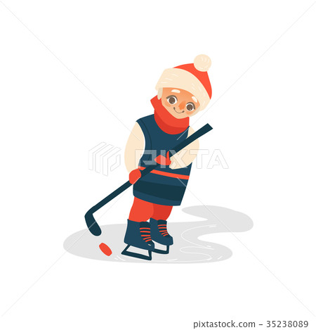 图库插图: vector cartoon teen boy playing ice hockey