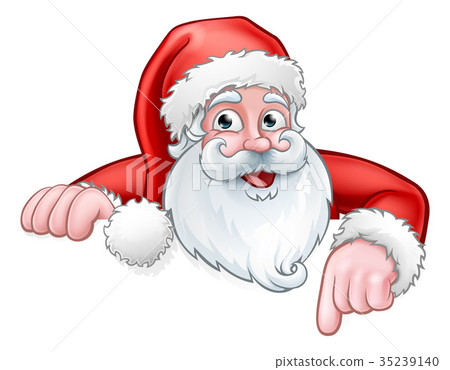 插图素材: santa cartoon pointing down from behind sign