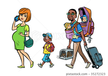 插图素材: multi ethnic family travelers, mom dad and kids 查看