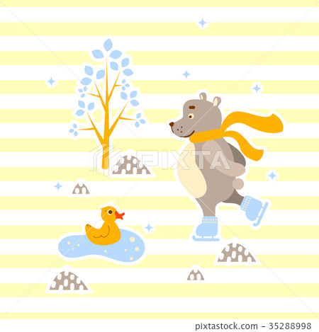 插图素材: cute bear and duck friends ice-skating vector