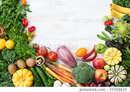 图库照片: top view of rainbow vegetables, fruits, copy space