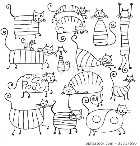 插图素材: cute striped cats family, sketch for your design