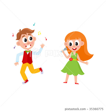 singing,singing contest 图库插图: vector flat boy girl dancing and singing