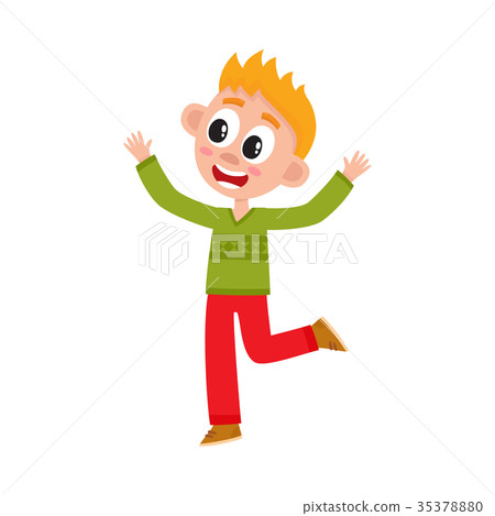 插图素材: cute happy teenage boy raising hands up in joy