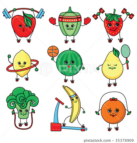 flat简笔画,简笔画 插图素材: vector flat sketch fruits, vegetables doing sport