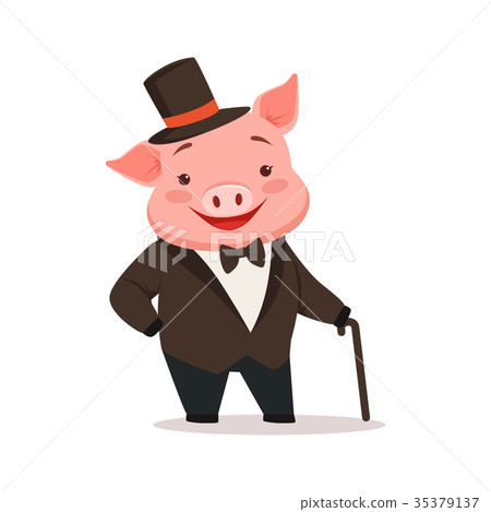 插图素材: cute happy pig dressed up in black tuxedo and hat