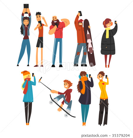 图库插图: different happy people taking selfie photo cartoon