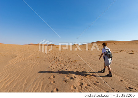 图库照片: tourist walking on the sand dunes