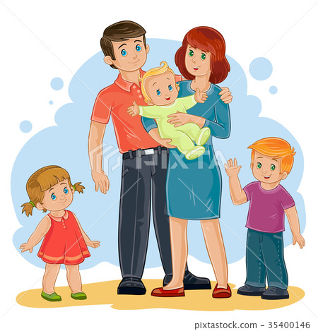 插图素材: happy family - dad, mom, daughter, son and baby