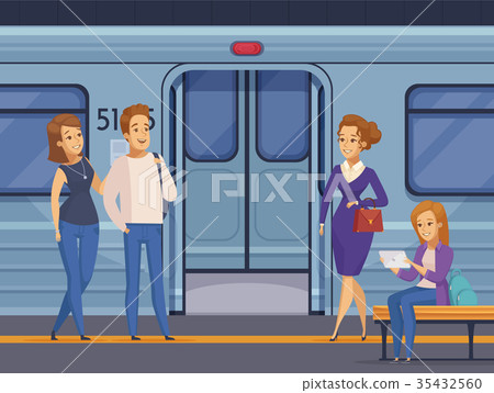 插图素材: subway underground station passengers cartoon