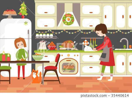 图库插图: mom and dauhter cooking together in the kitchen