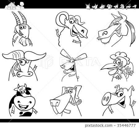 插图素材: farm animals cartoon set coloring book