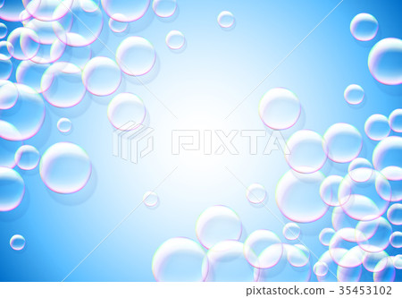 插图素材: soap bubbles abstract blue background with rainbow