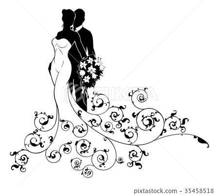 插图素材: bride and groom wedding bridal dress silhouette