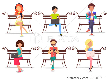 插图素材: modern people with devices sit on wooden bench set