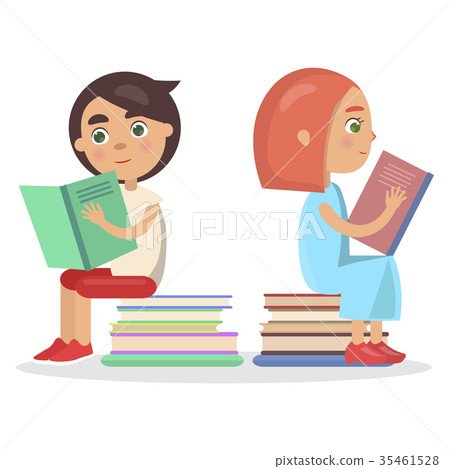 插图素材: girl and boy with open textbook sit on books