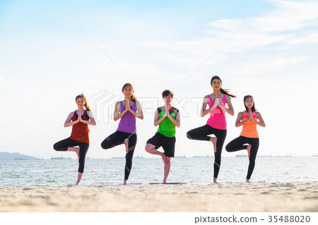 图库照片: yoga group of people doing tree pose at beach