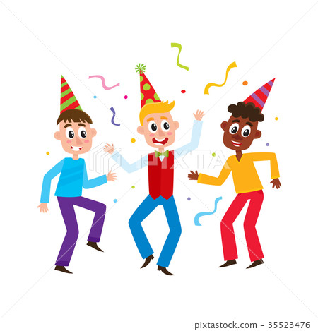 flat卡通,street卡通 插图素材: vector flat boys kids dancing in party hat
