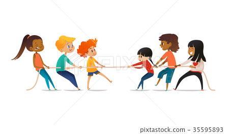 插图素材: excited boys and girls pulling rope. tug of war