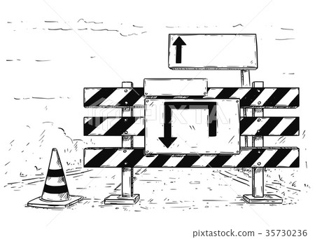 插图素材: drawing of detour road block with empty blank sign