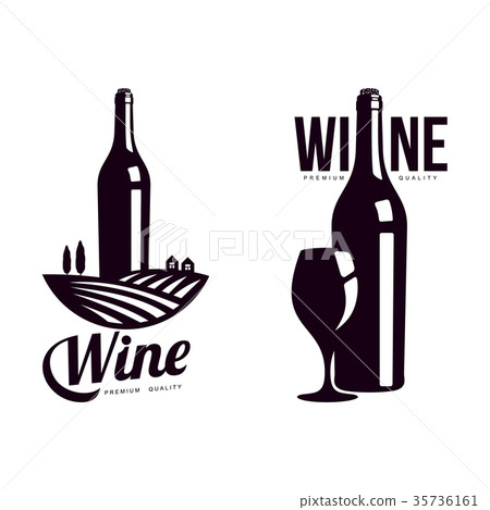 插图素材: bottle of wine, background of vineyard field icon